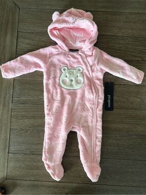 Picapino Pink Plush Bear Hooded Footed One-Piece
